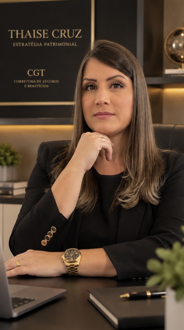 Thaise Cruz em seu escritório, com a identidade Thaise Cruz Estratégia Patrimonial ao fundo